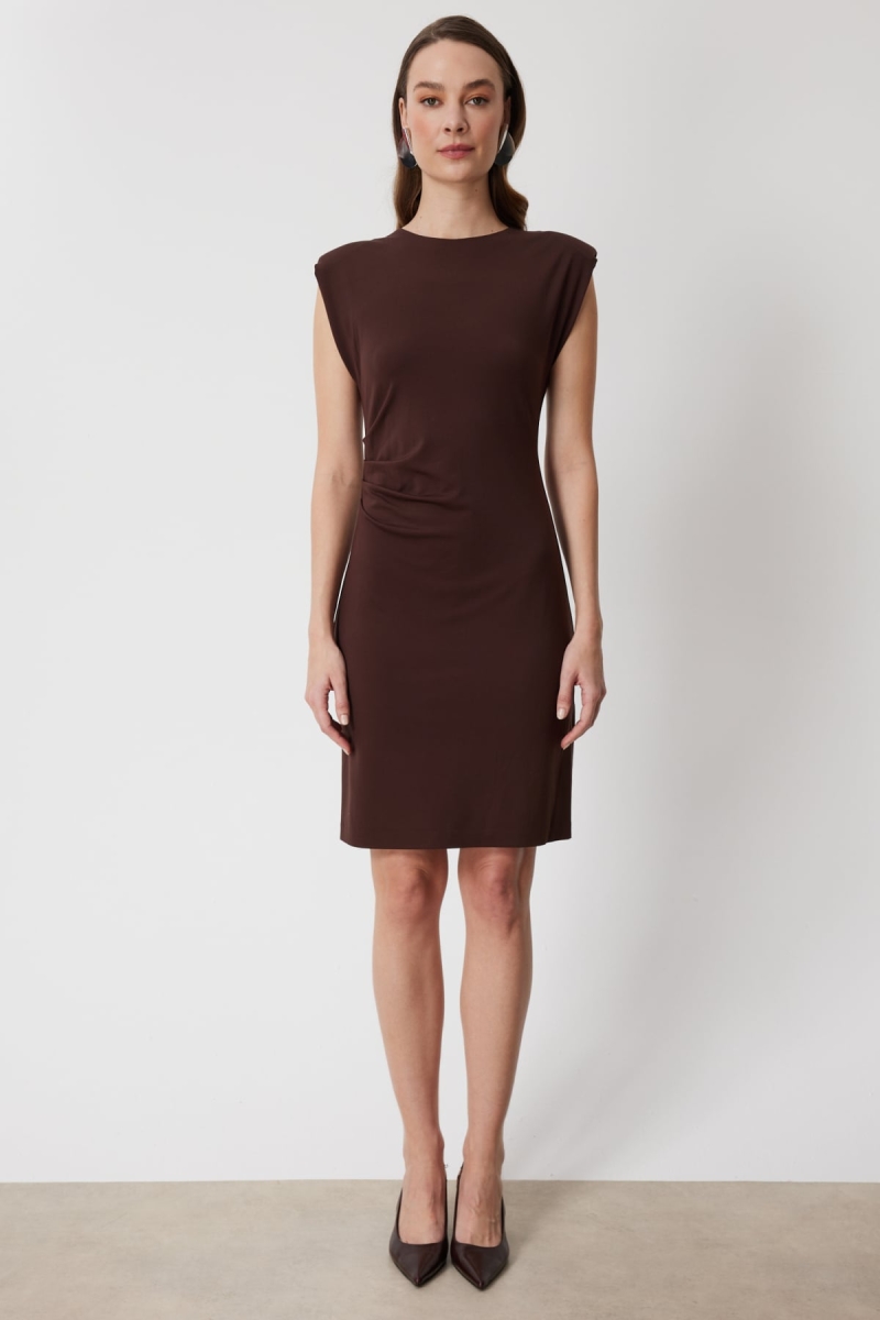 On Kadın Drapeli Kolsuz Midi Elbise 76480 Kahverengi Kahverengi