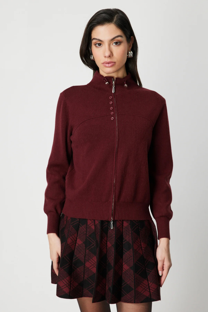 On Kadın Düğme Detaylı Dik Yaka Hırka 60952 Bordo Bordo