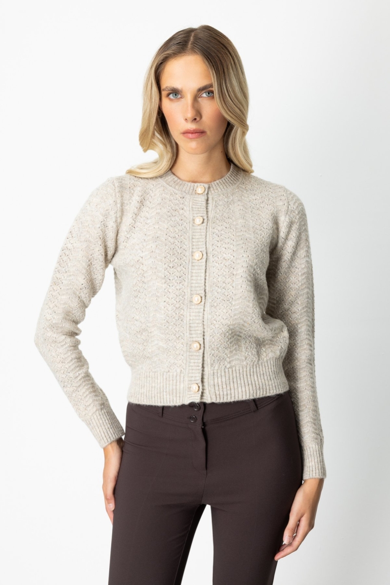 On Kadın Düğmeli Sıfır Yaka Hırka 63903 Bej Bej