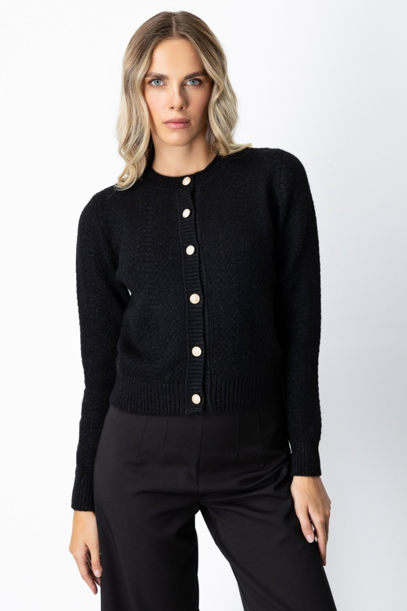 On Kadın Düğmeli Sıfır Yaka Hırka 63903 Siyah Siyah