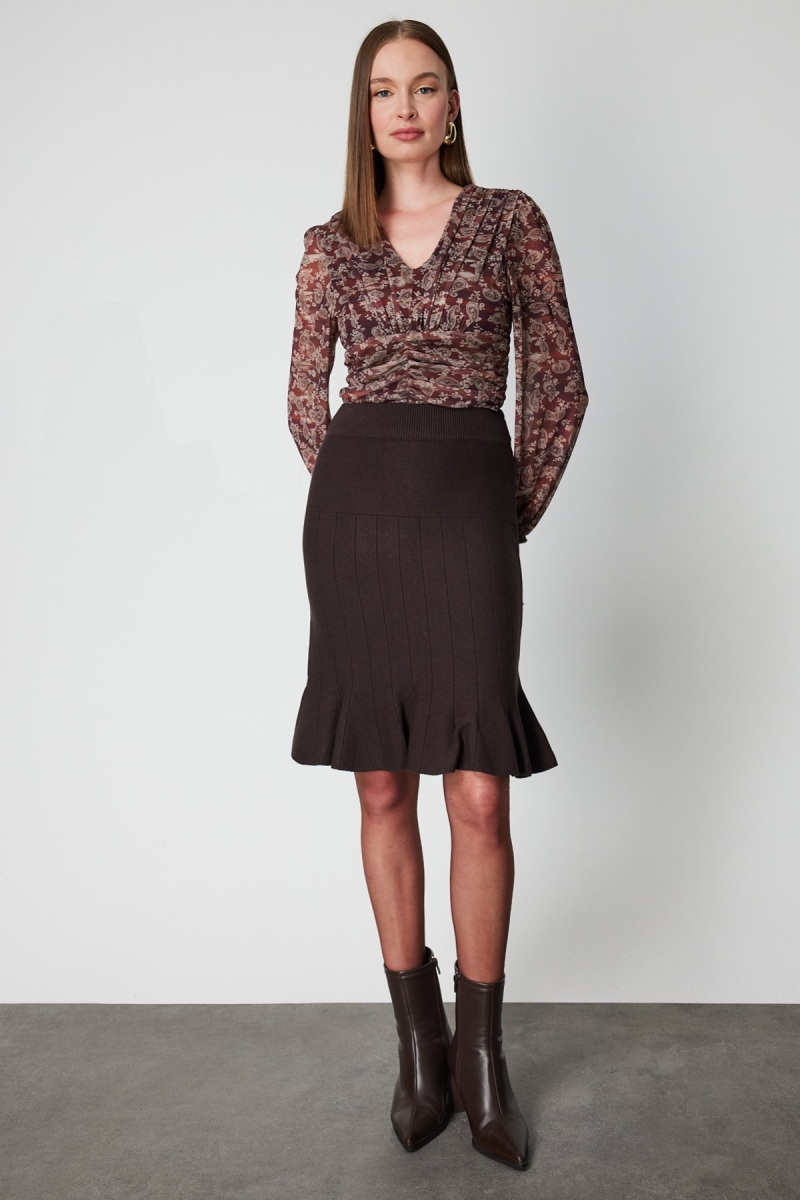 On Kadın Eteği Pileli Diz Üstü Triko Etek 65200 Kahverengi Kahverengi