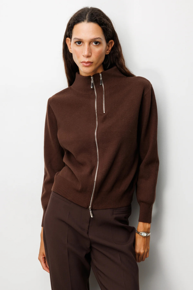 On Kadın Fermuarlı Dik Yaka Triko Hırka 60953 Kahverengi Kahverengi