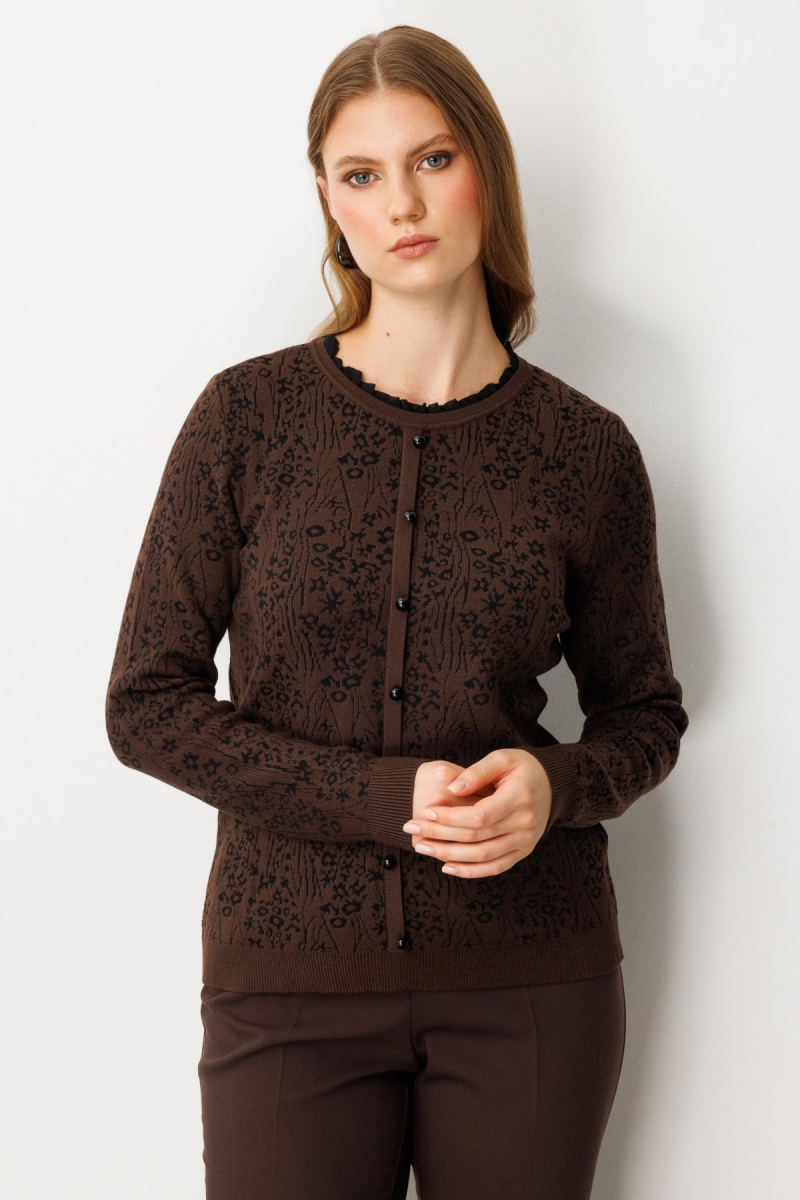 On Kadın Fırfır Detaylı Triko Kazak 65368 Kahverengi Kahverengi