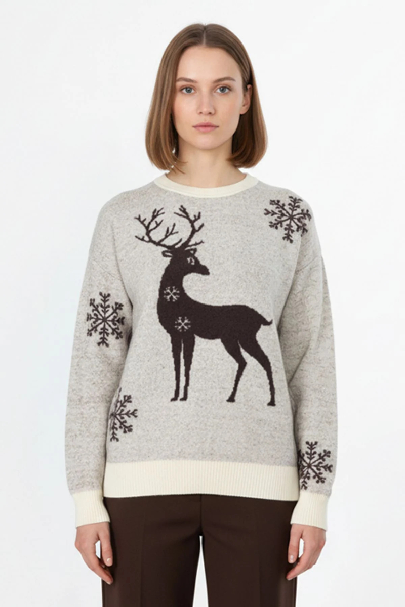 On Kadın Geyik Desenli Triko Kazak 63324 Ekru Ekru