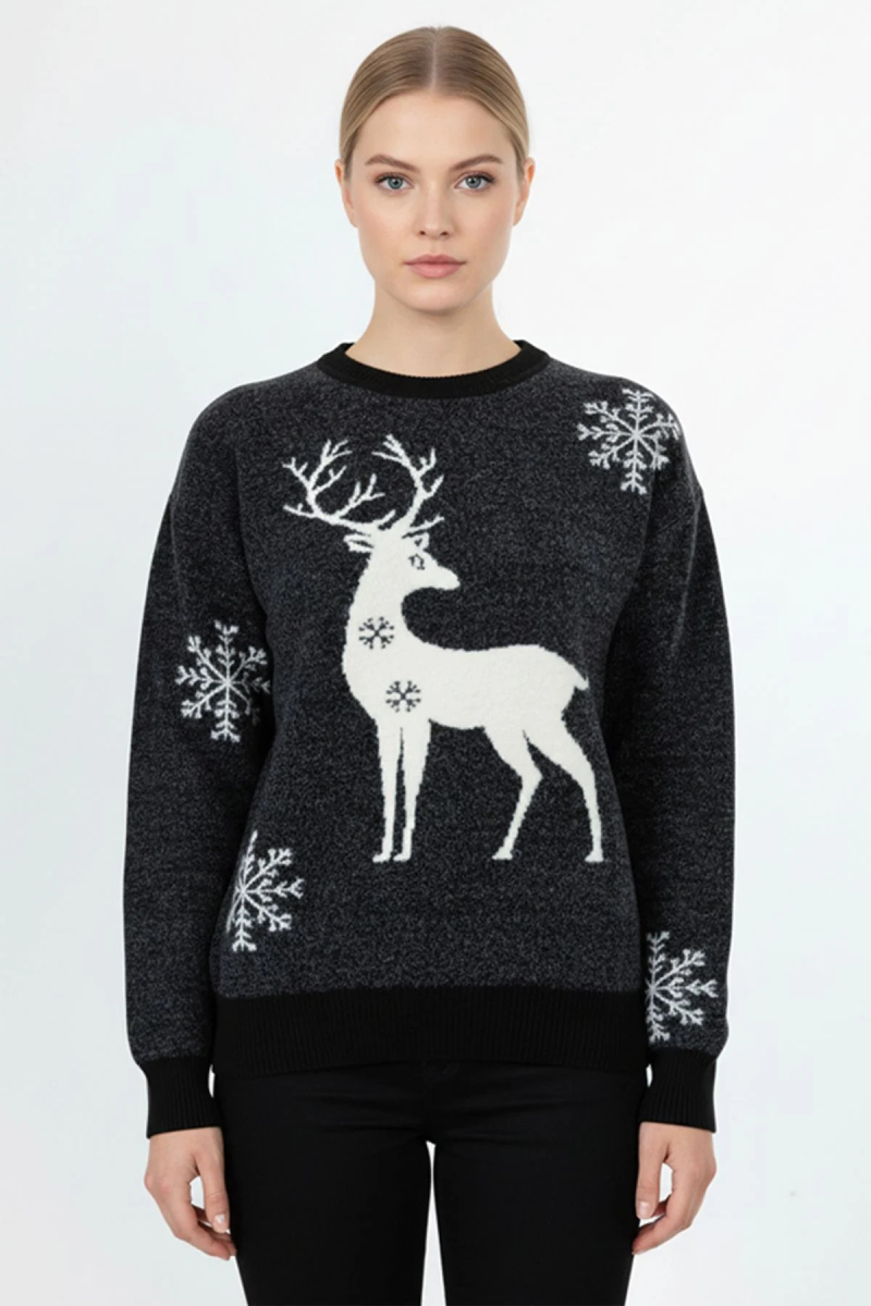 On Kadın Geyik Desenli Triko Kazak 63324 Siyah Siyah