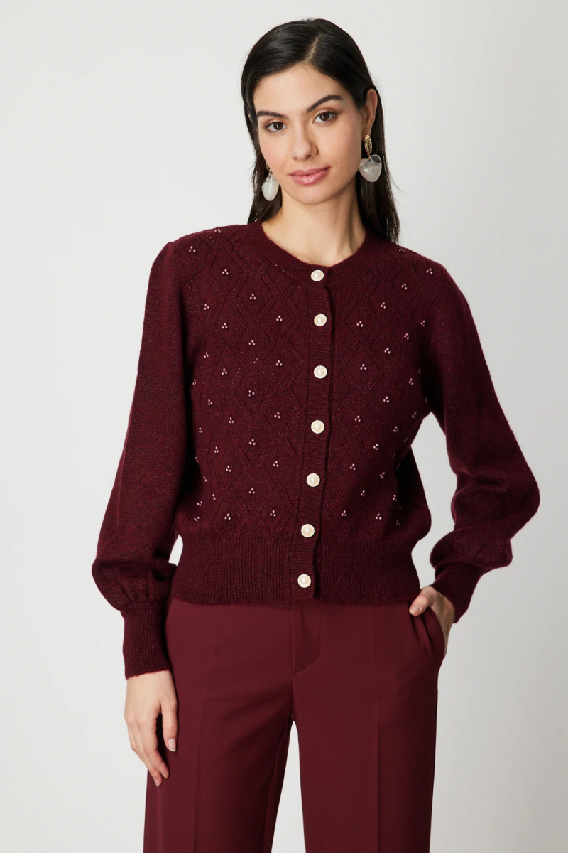 On Kadın İnci Düğmeli Triko Hırka 63922 Bordo Bordo