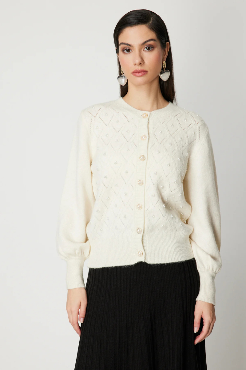 On Kadın İnci Düğmeli Triko Hırka 63922 Ekru Ekru