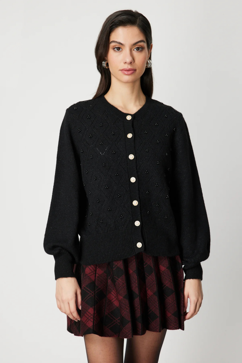 On Kadın İnci Düğmeli Triko Hırka 63922 Siyah Siyah