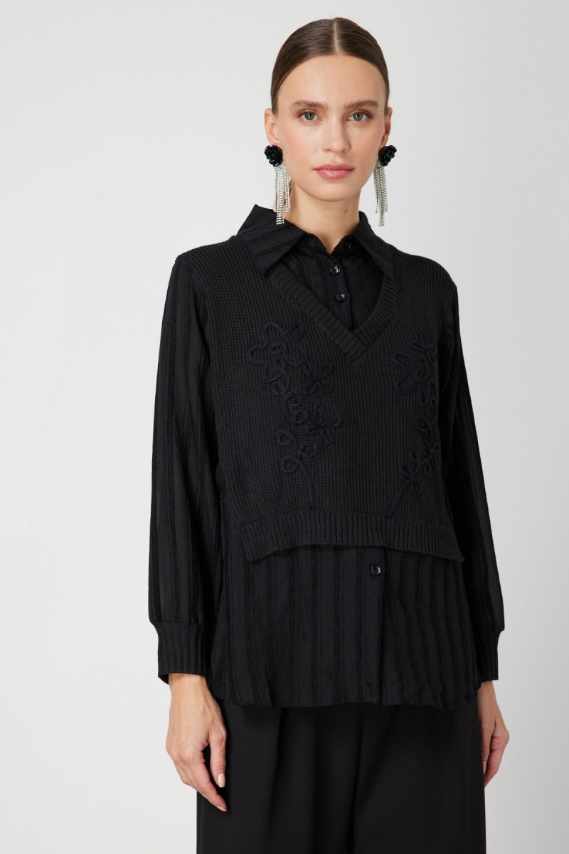 On Kadın İşlemeli Çift Kumaşlı Bluz 60351 Siyah Siyah