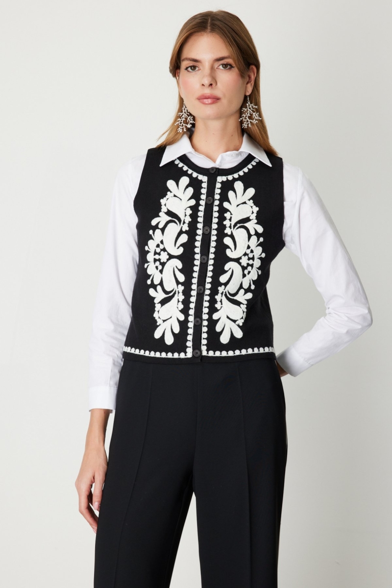 On Kadın İşlemeli Triko Yelek 60919 Siyah Siyah