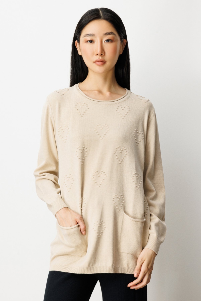 On Kadın Kabartma Desenli Cepli Triko Kazak 65344 Bej Bej