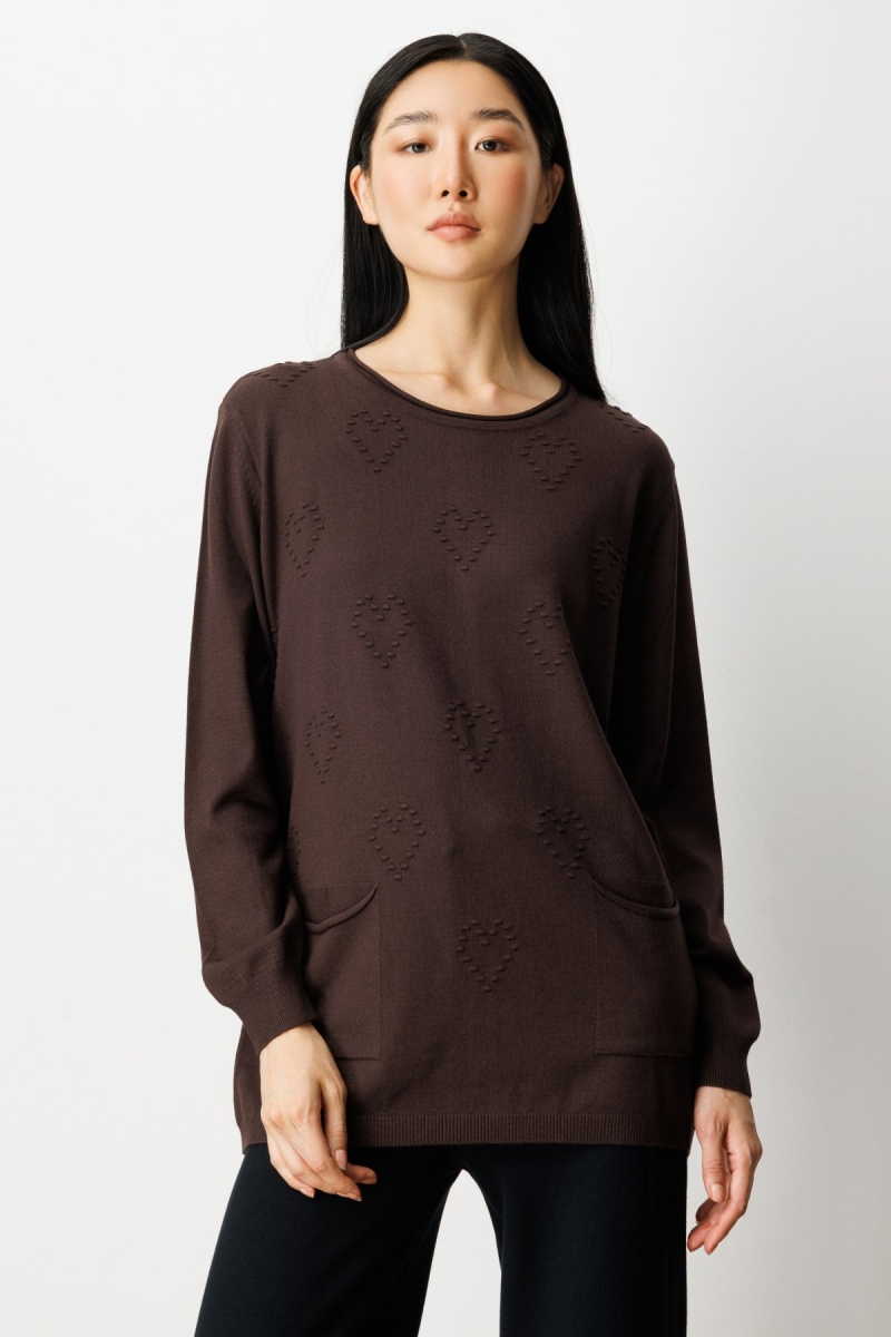 On Kadın Kabartma Desenli Cepli Triko Kazak 65344 Kahverengi Kahverengi