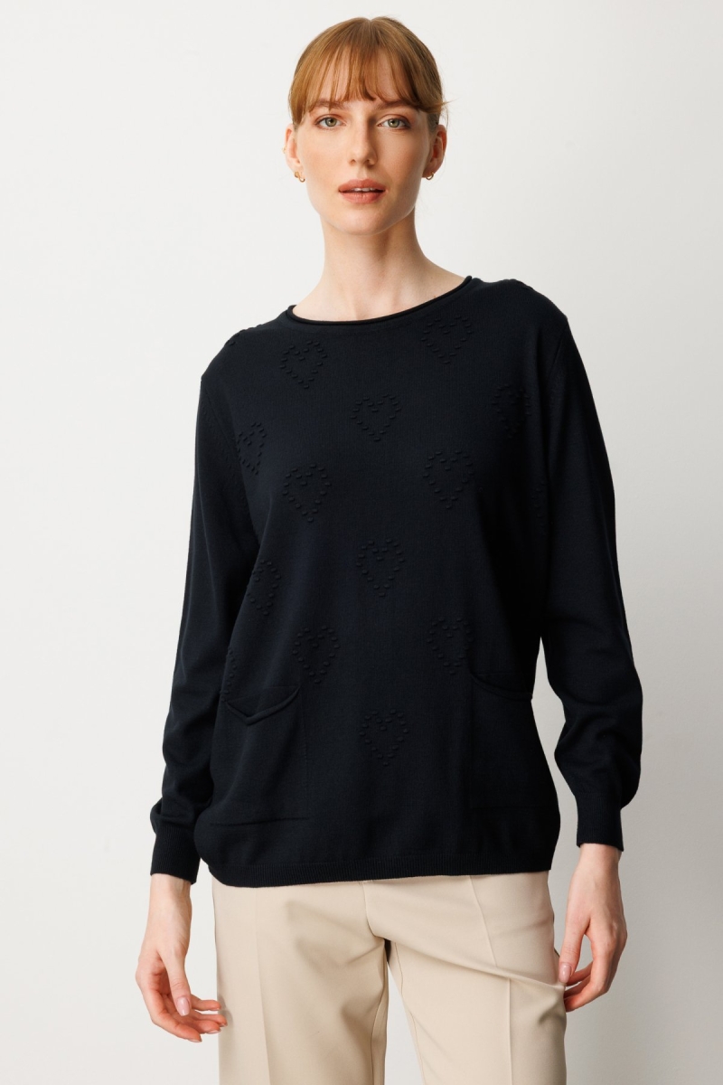 On Kadın Kabartma Desenli Cepli Triko Kazak 65344 Siyah Siyah