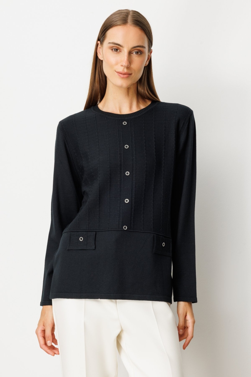 On Kadın Kabartma Desenli Süs Düğmeli Triko Kazak 65358 Siyah Siyah