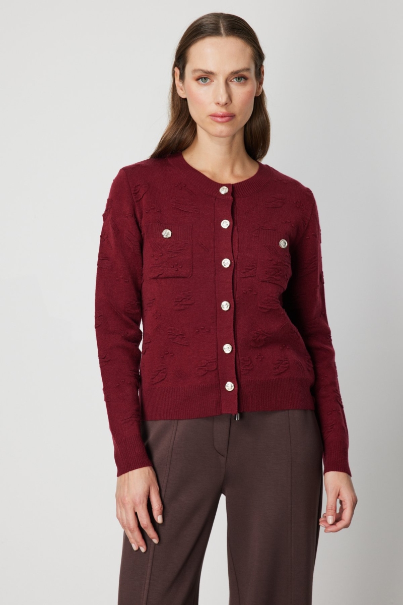 On Kadın Kabartmalı Sıfır Yaka Hırka 66938 Bordo Bordo