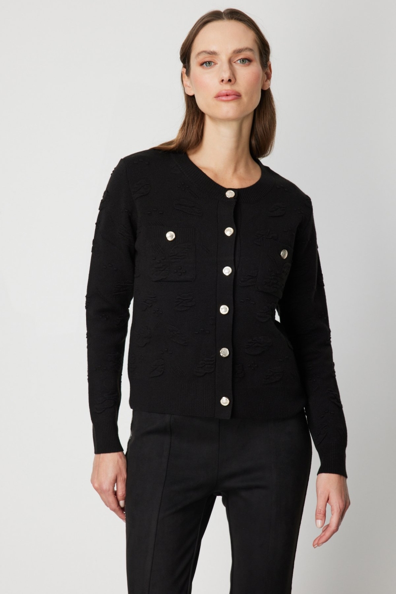 On Kadın Kabartmalı Sıfır Yaka Hırka 66938 Siyah Siyah