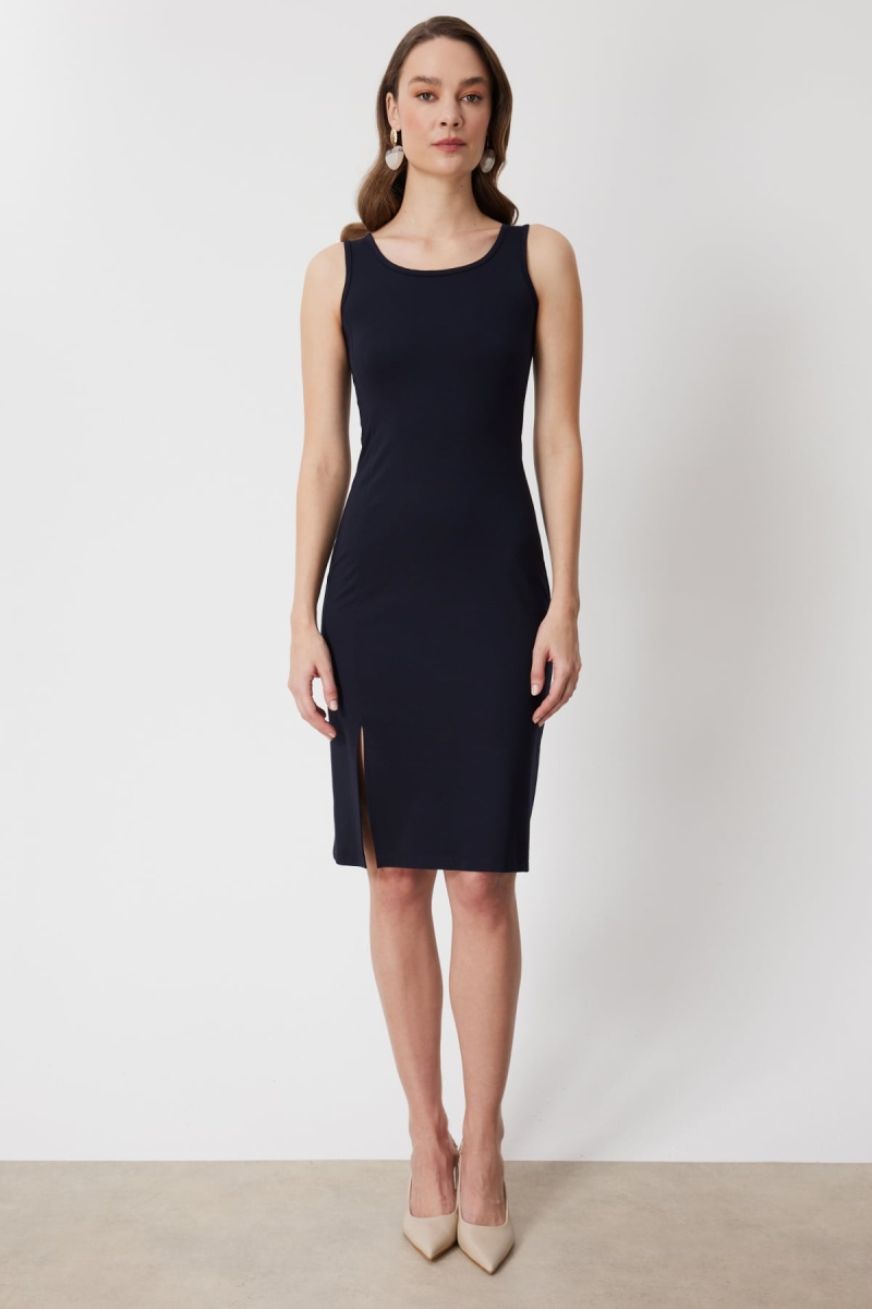 On Kadın Kalın Askılı Yırtmaçlı Midi Elbise 74348 Lacivert Lacivert