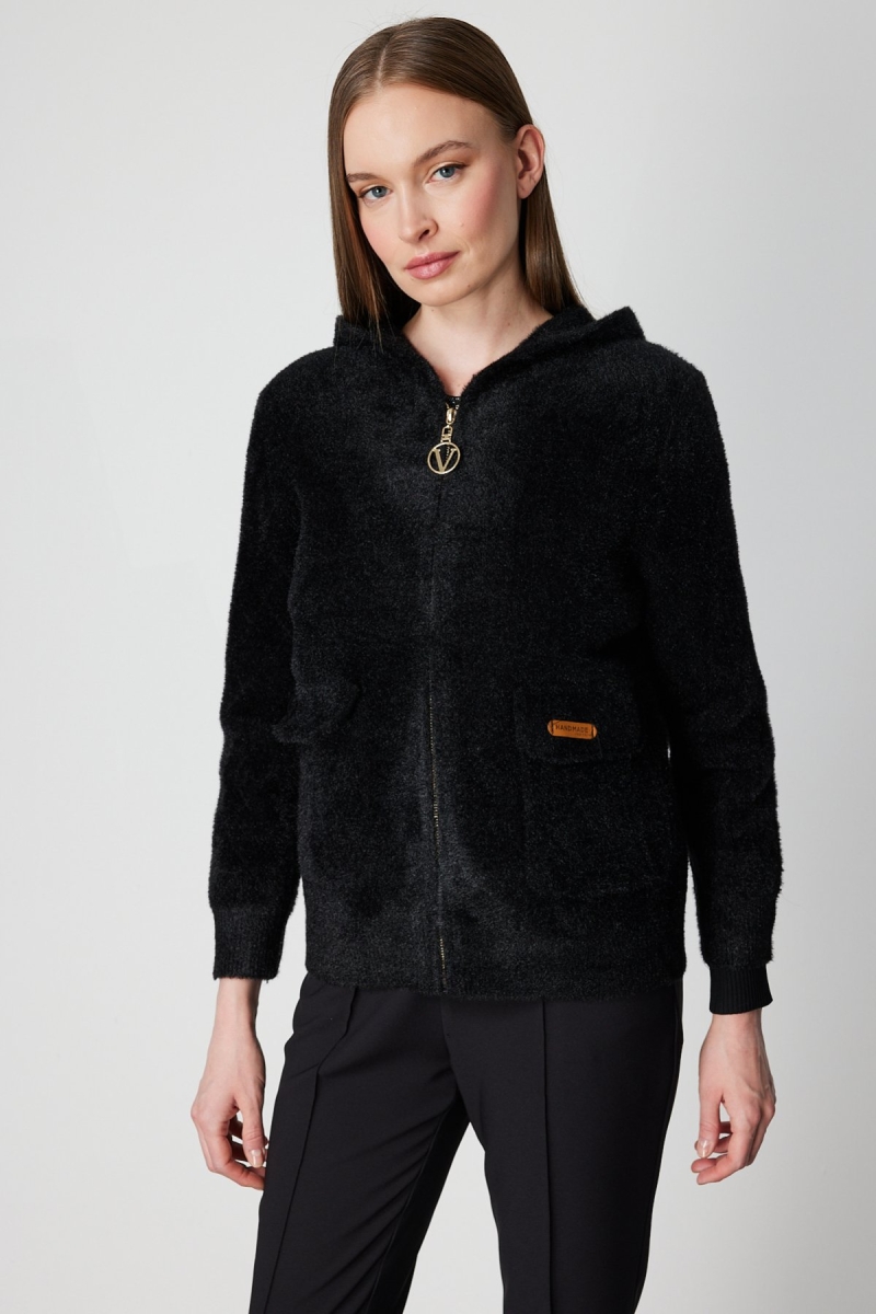 On Kadın Kapak Cepli Peluş Hırka 60936 Siyah Siyah