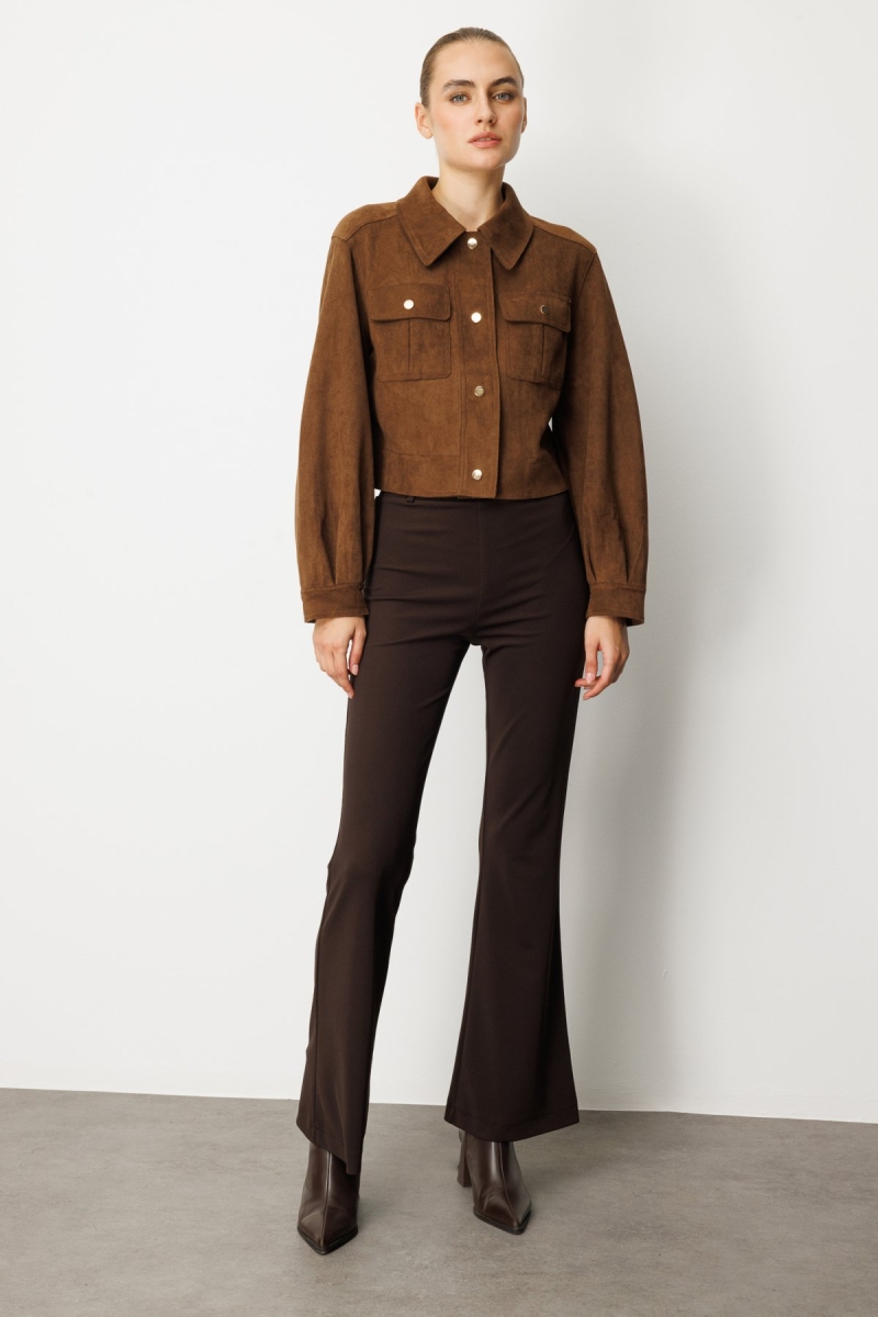 On Kadın Kapak Cepli Süet Crop Ceket 60503 Kahverengi Kahverengi