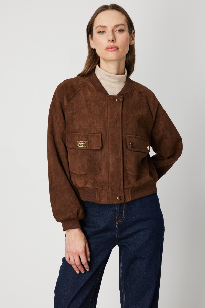 On Kadın Kapak Cepli Süet Crop Mont 60705 Kahverengi Kahverengi