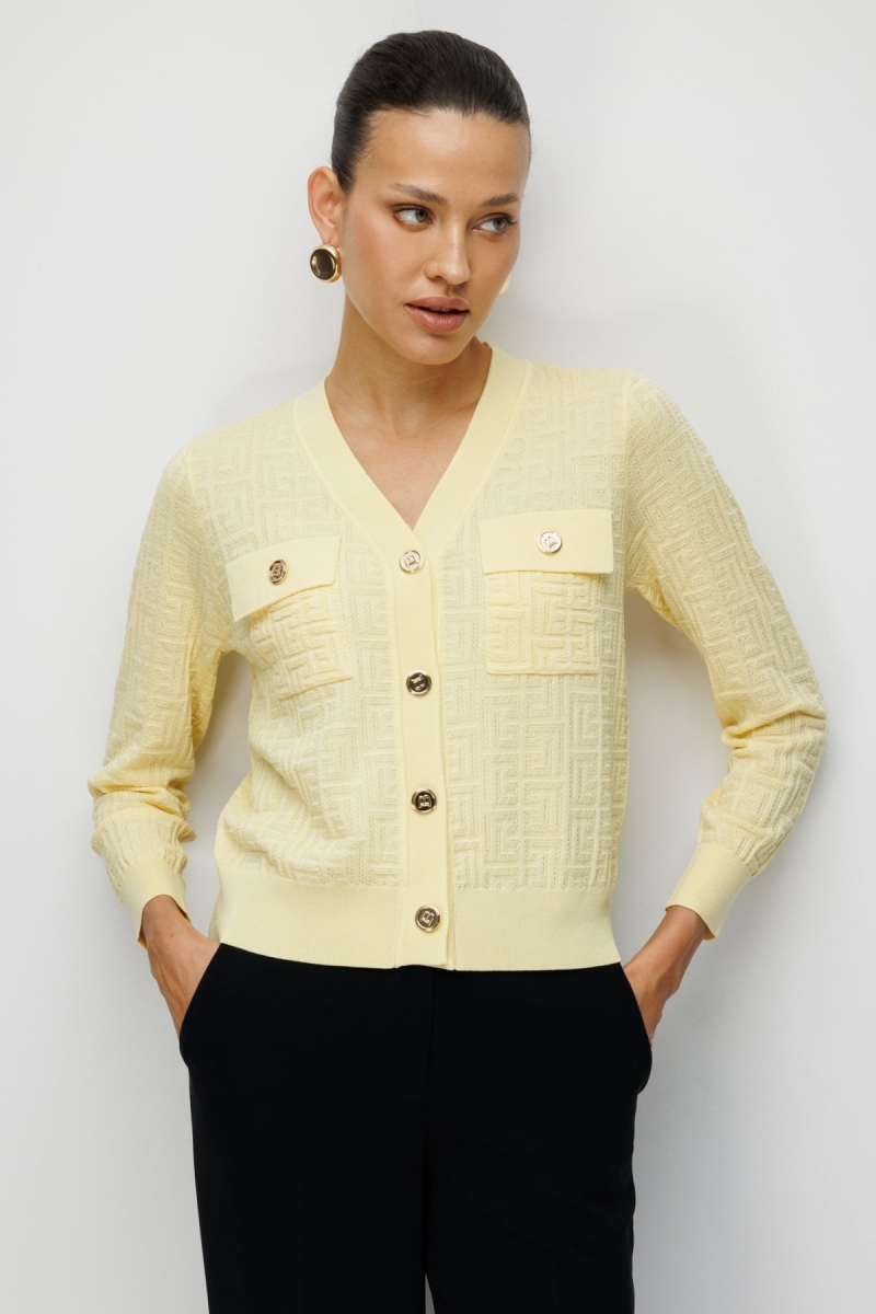 On Kadın Kapak Cepli V Yaka Hırka 70913 Sarı Sarı