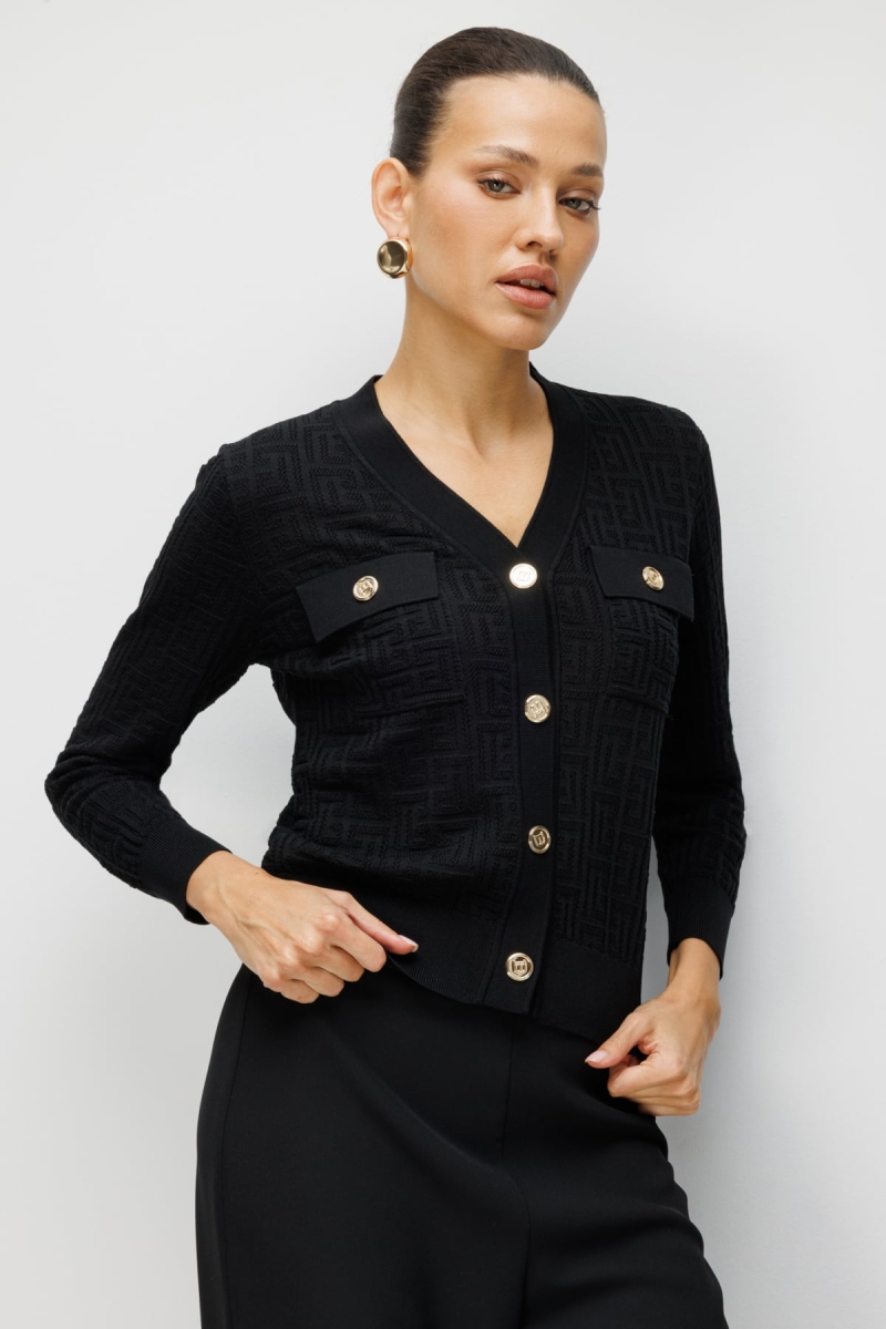 On Kadın Kapak Cepli V Yaka Hırka 70913 Siyah Siyah