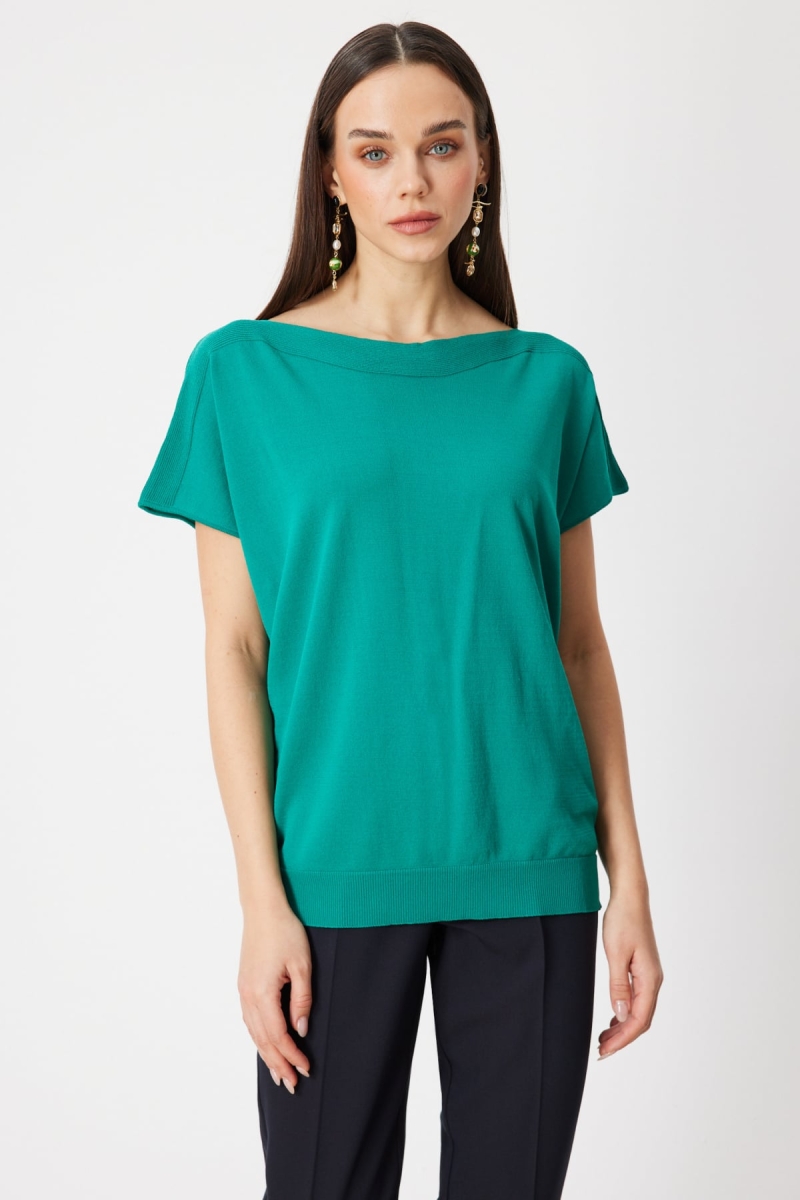 On Kadın Kayık Yaka Kısa Kollu Bluz 76370 Yeşil Yeşil