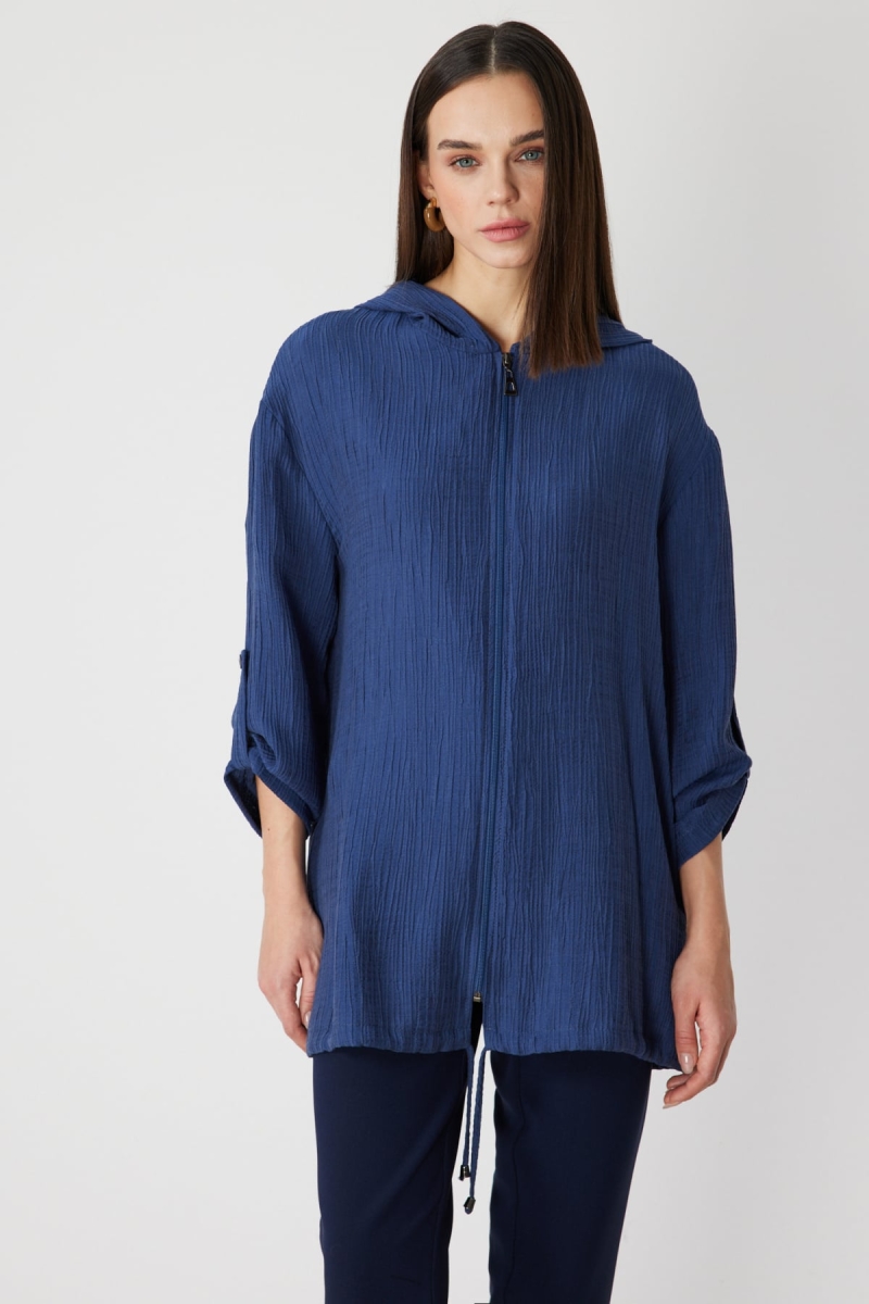 On Kadın Kendinden Desenli Kapüşonlu Hırka 72701 Indigo Indigo