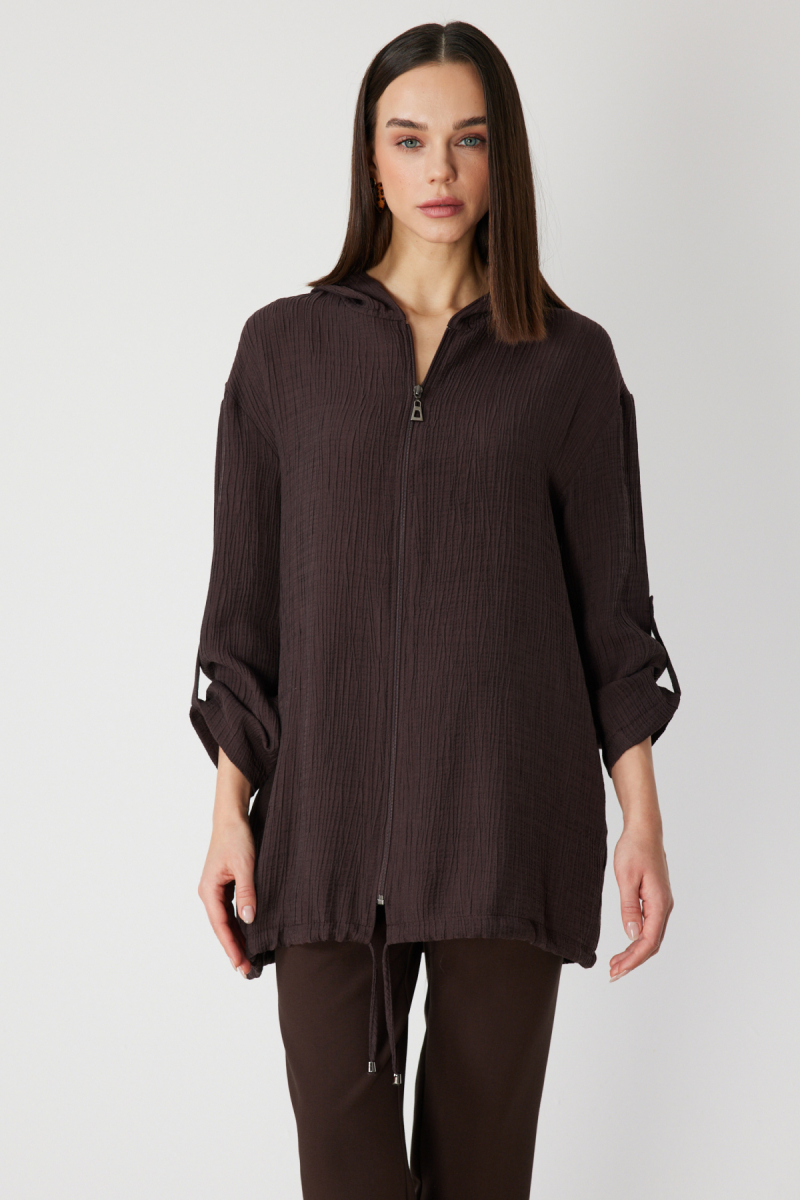 On Kadın Kendinden Desenli Kapüşonlu Hırka 72701 Kahverengi Kahverengi