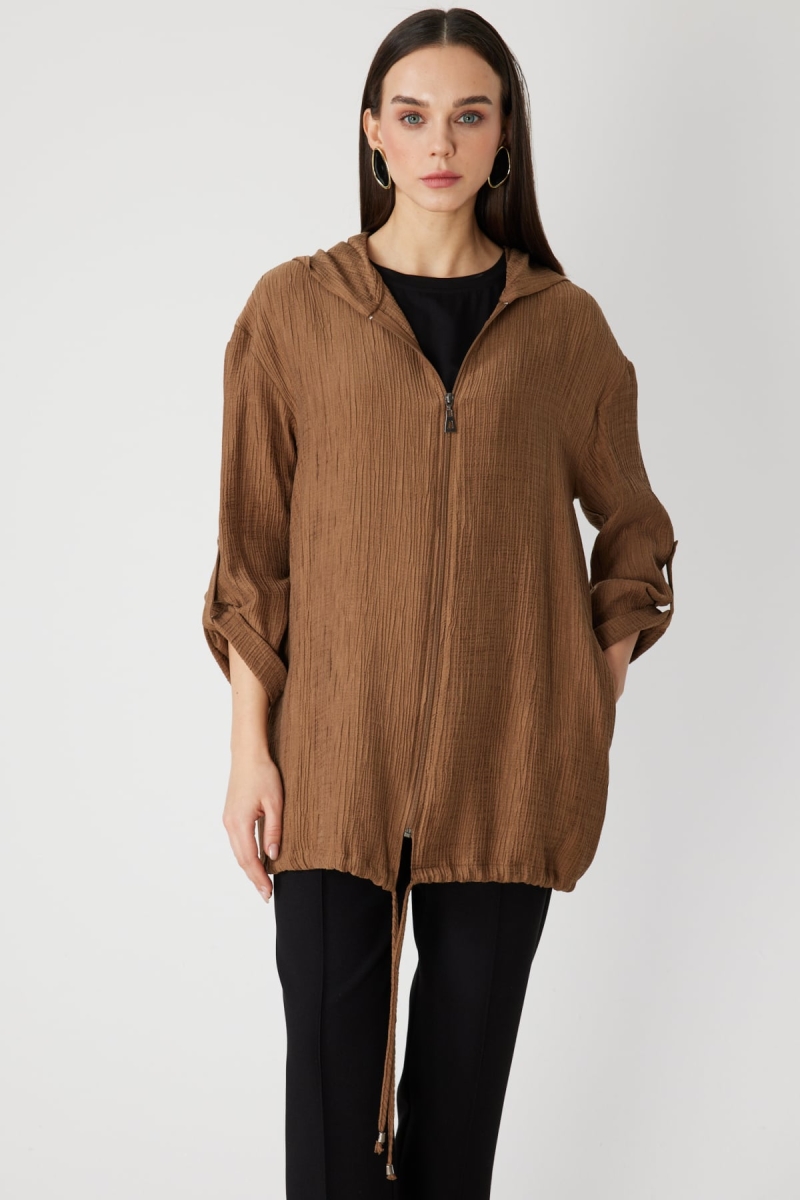 On Kadın Kendinden Desenli Kapüşonlu Hırka 72701 Vizon Vizon