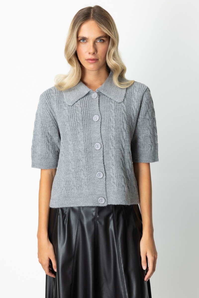 On Kadın Kısa Kollu Örme Hırka 65917 Gri Gri