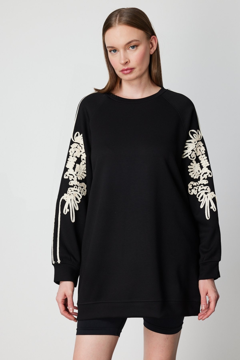 On Kadın Kolları İşlemeli Cep Detaylı Tunik 66381 Siyah Siyah