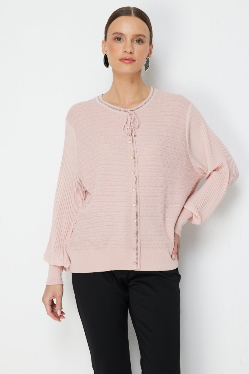 On Kadın Kolları Pileli Kumaşı Desenli Bluz 70449 Pembe Pembe
