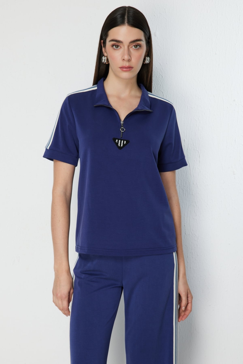 On Kadın Kolları Şeritli Taş İşlemeli Bluz 76335 Indigo Indigo