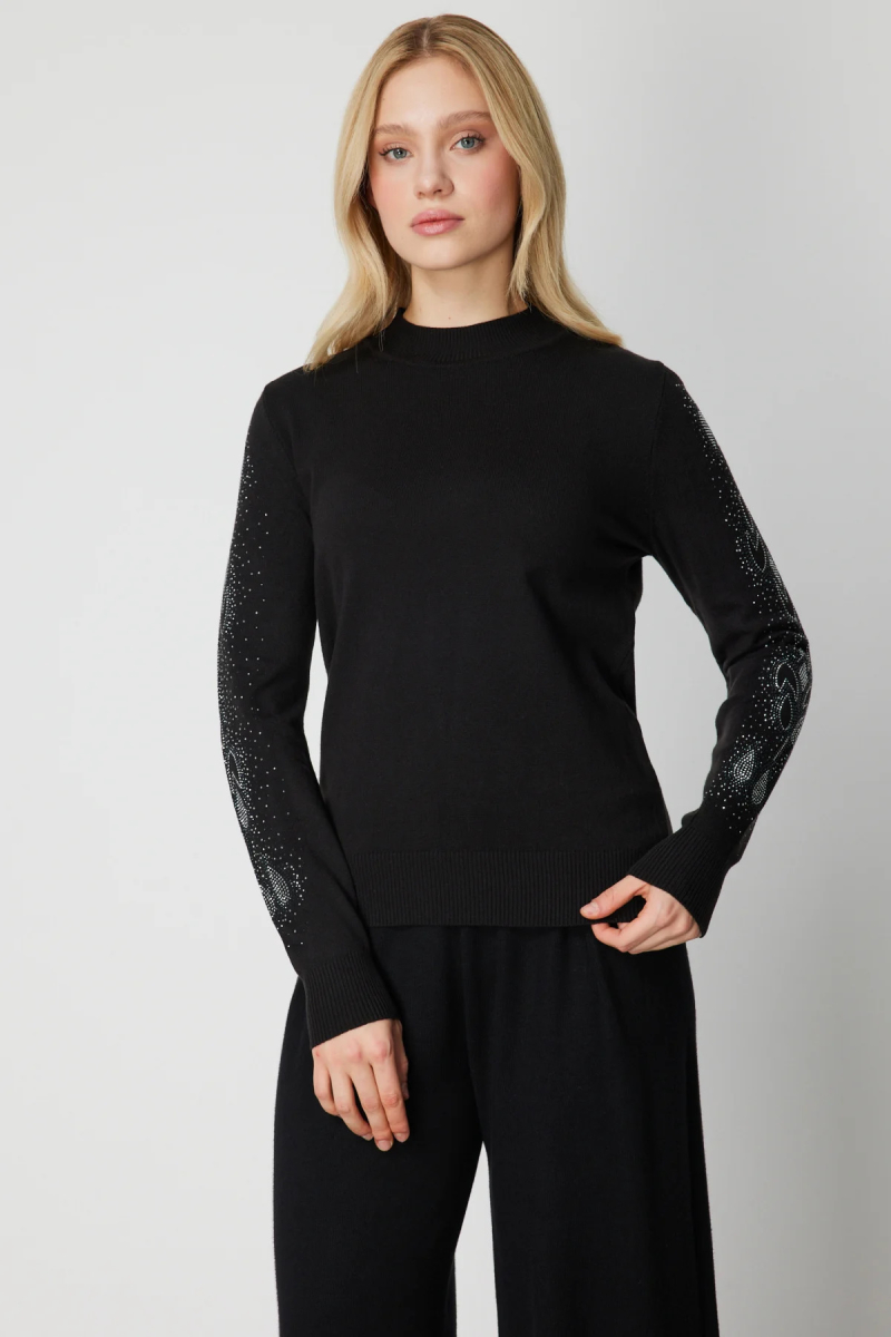 On Kadın Kolları Taş İşlemeli Triko Kazak 66345 Siyah Siyah