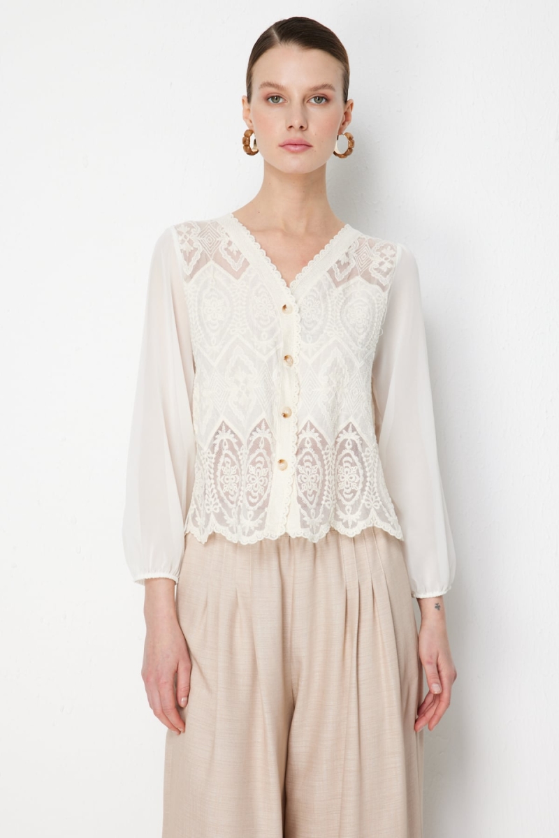 On Kadın Kolları Tül Dantelli Pamuklu Hırka 70931 Ekru Ekru