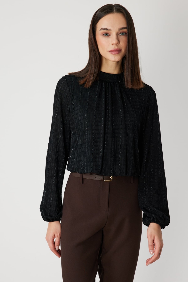 On Kadın Kumaşı Desenli Balon Kol Crop Bluz 72349 Siyah Siyah