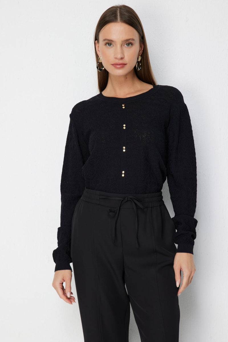 On Kadın Kumaşı Desenli Süs Düğmeli Bluz 73309 Siyah Siyah