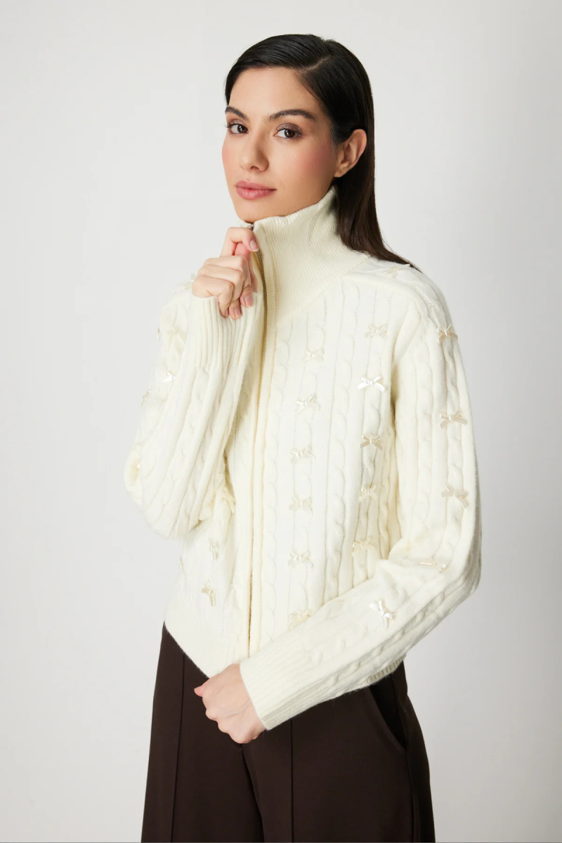 On Kadın Kurdele Detaylı Dik Yaka Hırka 60925 Ekru Ekru