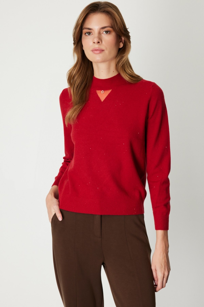 On Kadın Metal Aksesuarlı Pul Detaylı Triko Kazak 60345 Kırmızı Kırmızı