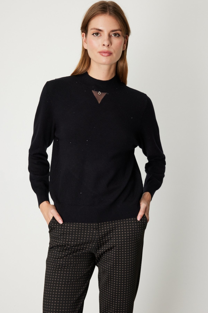 On Kadın Metal Aksesuarlı Pul Detaylı Triko Kazak 60345 Siyah Siyah