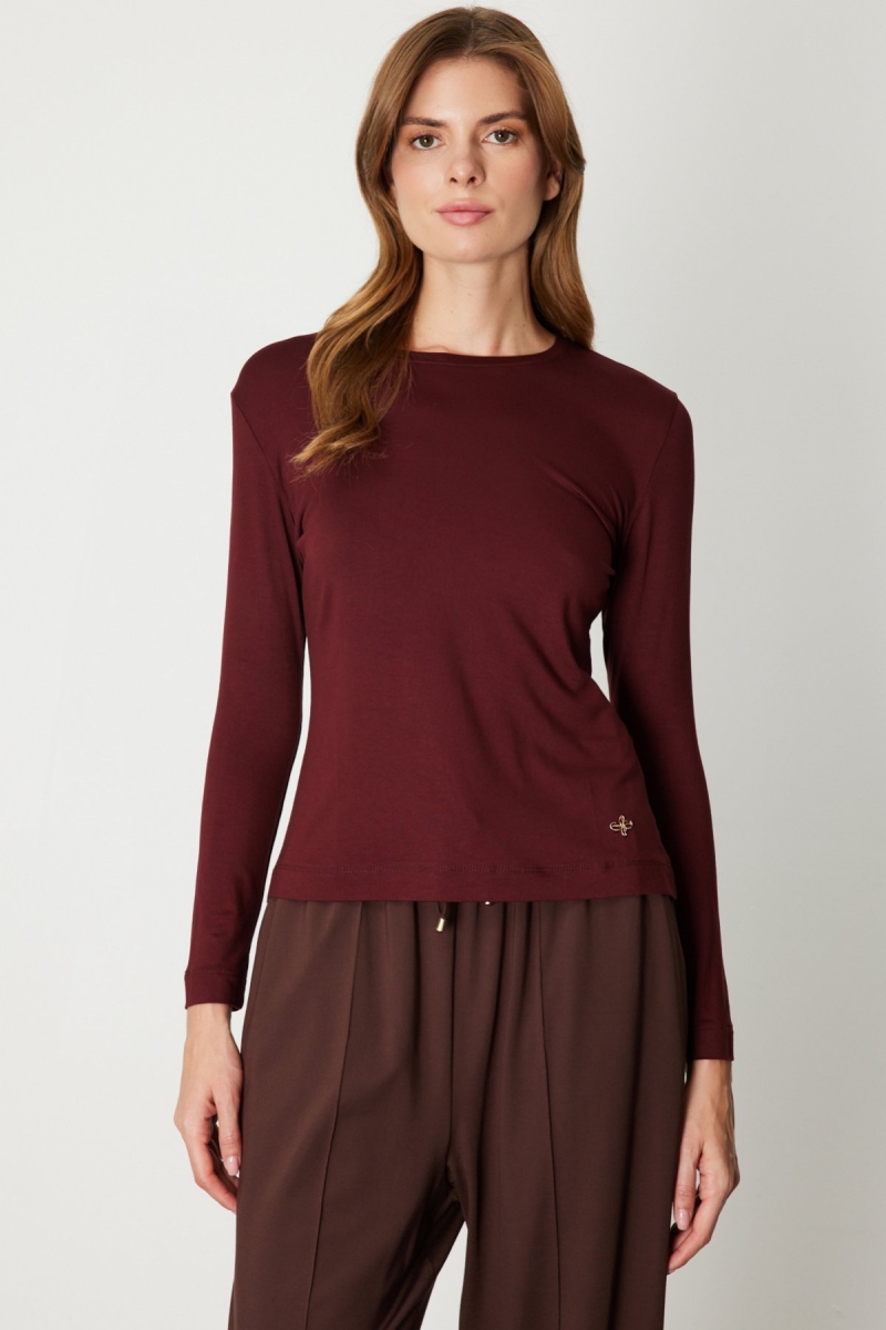 On Kadın Metal Aksesuarlı Sıfır Yaka Basic Bluz 61303 Bordo Bordo