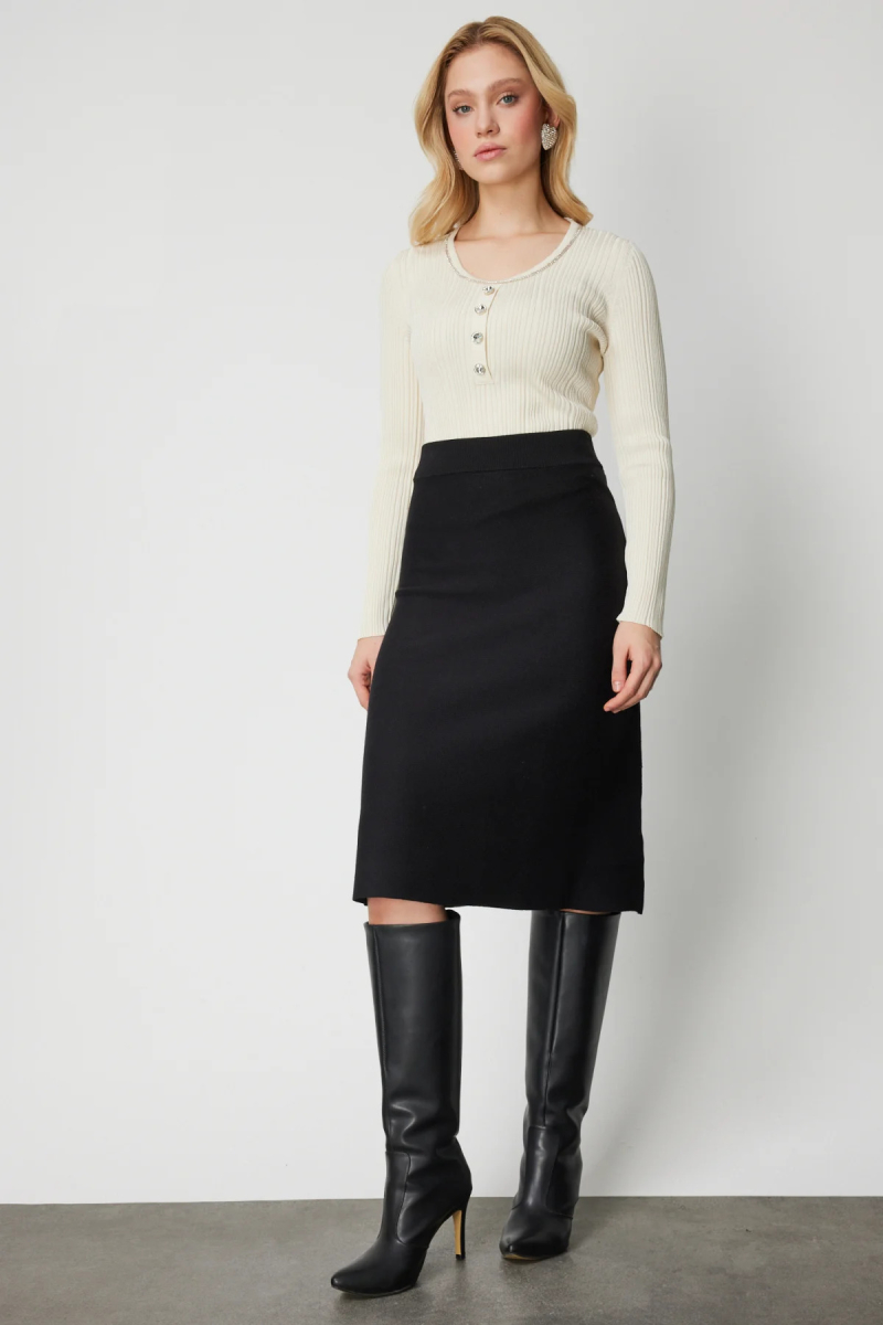 On Kadın Midi Boy Düz Triko Etek 69200 Siyah Siyah