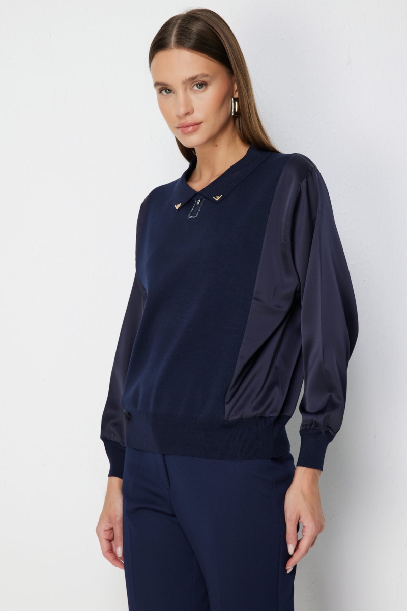 On Kadın Mix Kumaş Yakalı Bluz 70510 Lacivert Lacivert
