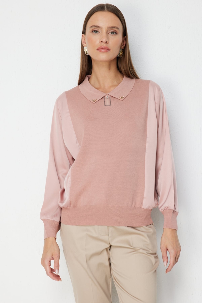 On Kadın Mix Kumaş Yakalı Bluz 70510 Pudra Pudra