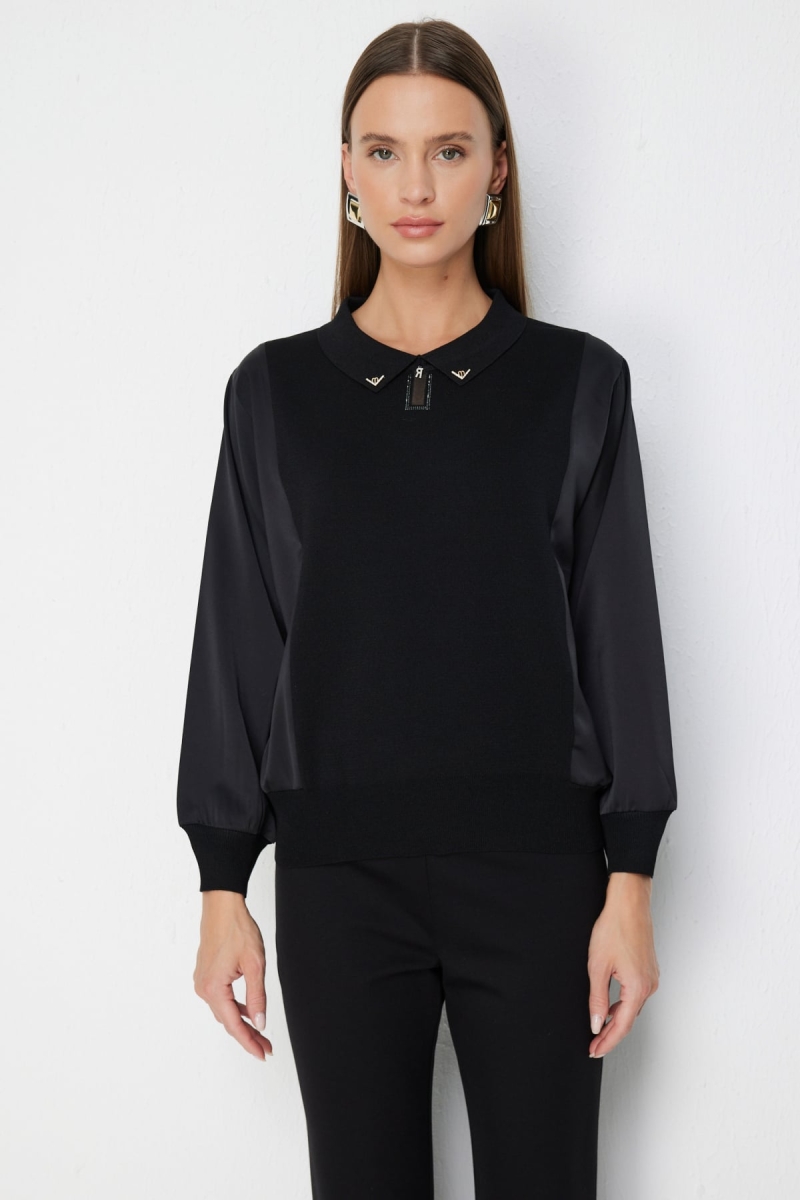 On Kadın Mix Kumaş Yakalı Bluz 70510 Siyah Siyah