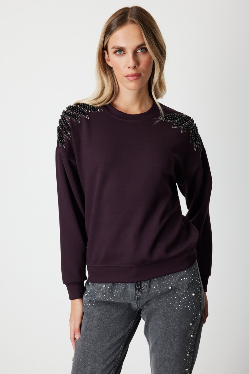 On Kadın Omuzları İncili Sweat 66338 Bordo Bordo