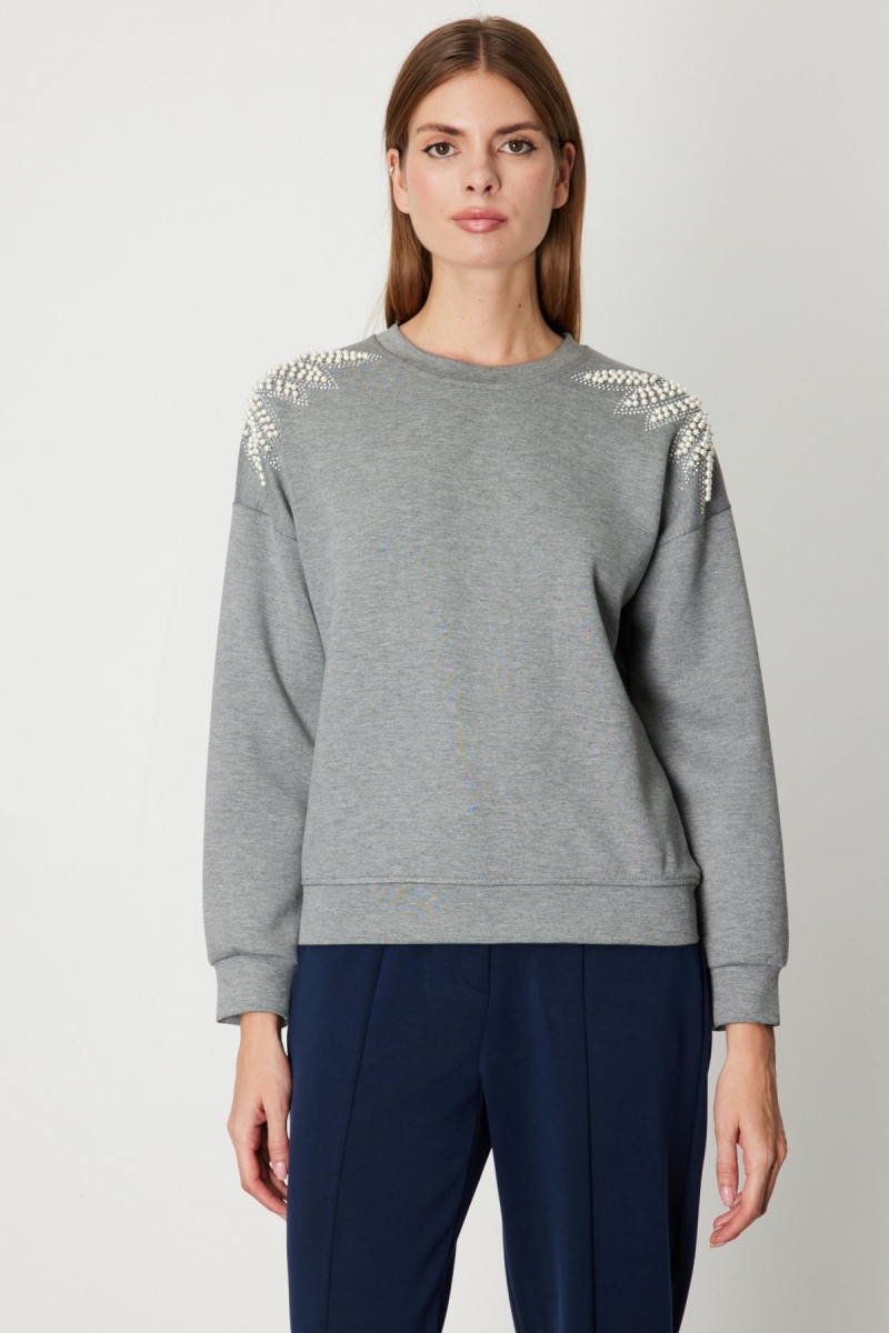 On Kadın Omuzları İncili Sweat 66338 Gri Gri