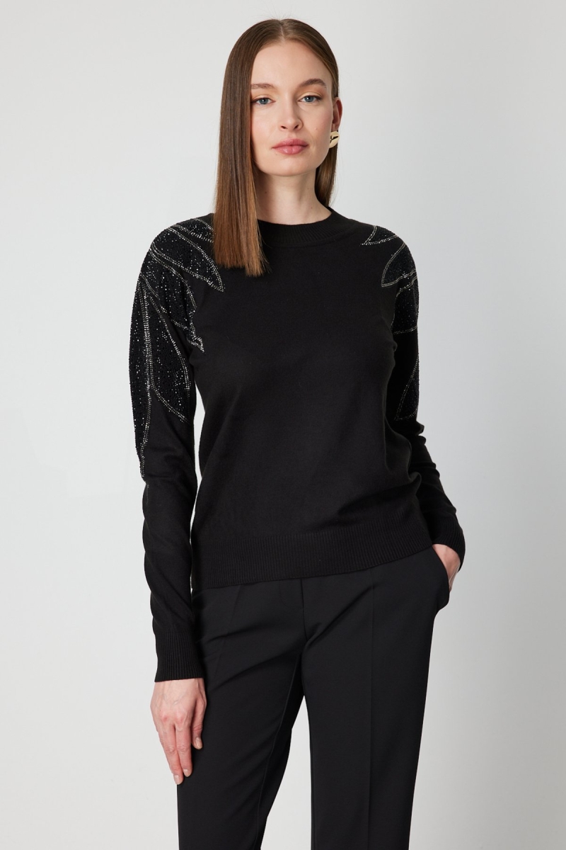 On Kadın Omuzları Taş İşlemeli Triko Kazak 66344 Siyah-Siyah SİYAH-SİYAH