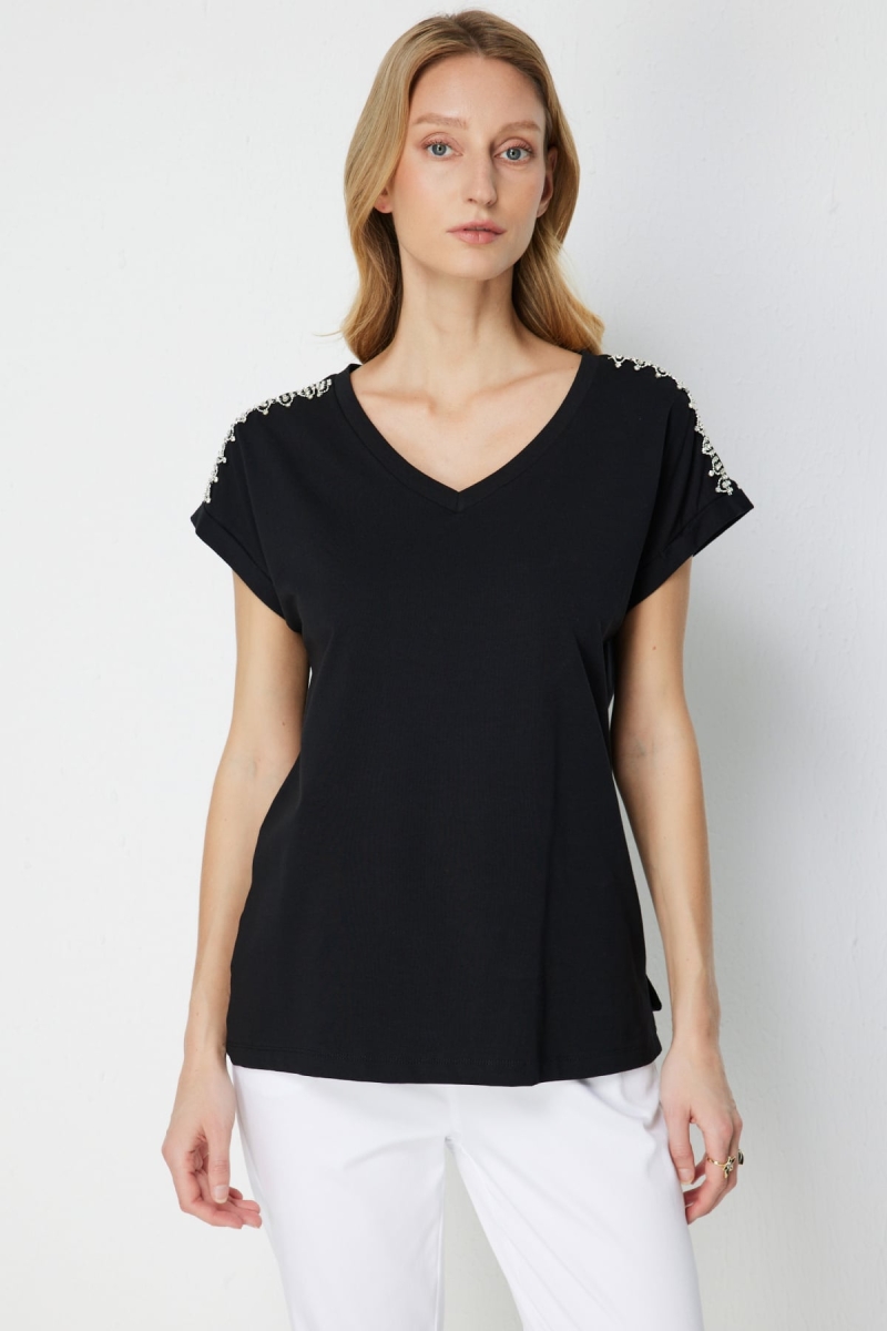 On Kadın Omuzları Taşlı V Yaka Pamuklu T-Shirt 71415 Siyah Siyah